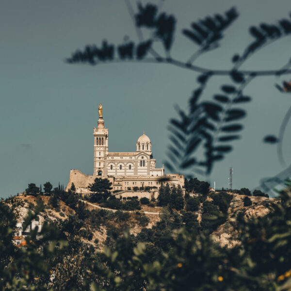 Les 5 Meilleurs Lieux pour une Séance Photo à Marseille 2 Vue artistique de la basilique Notre-Dame de la Garde à Marseille, capturée à travers des feuillages en premier plan.